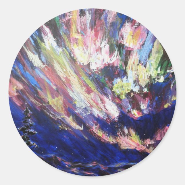 Nordlichter Aurora Abstrakte Malerei Runder Aufkleber (Vorderseite)