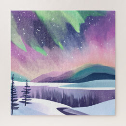 Nordlichter - farbenfrohe Winternacht | Aquarell
