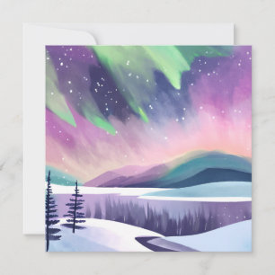 Nordlichter - farbenfrohe Winternacht   Aquarell Karte