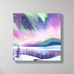 Nordlichter - farbenfrohe Winternacht | Aquarell Leinwanddruck