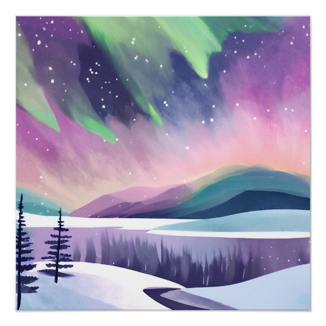 Nordlichter - farbenfrohe Winternacht | Aquarell Poster (Vorderseite)