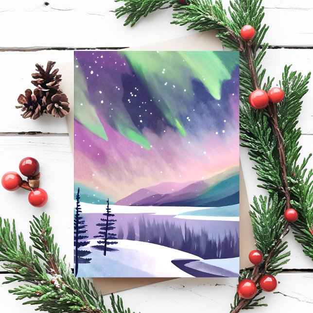 Nordlichter - farbenfrohe Winternacht | Aquarell Postkarte (Von Creator hochgeladen)