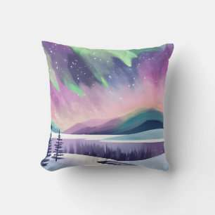 Nordlichter Farbige Winternacht Aquarell Kissen