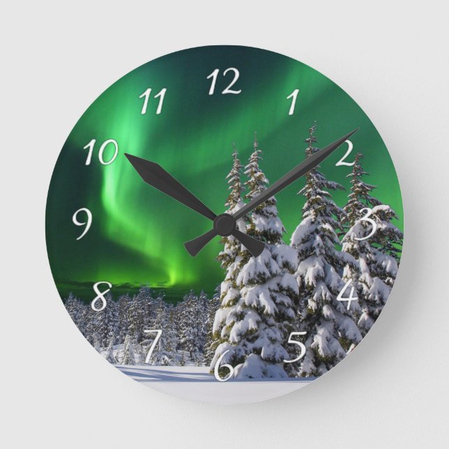 Nordlichter im Winter   Runde Wanduhr (Vorderseite)