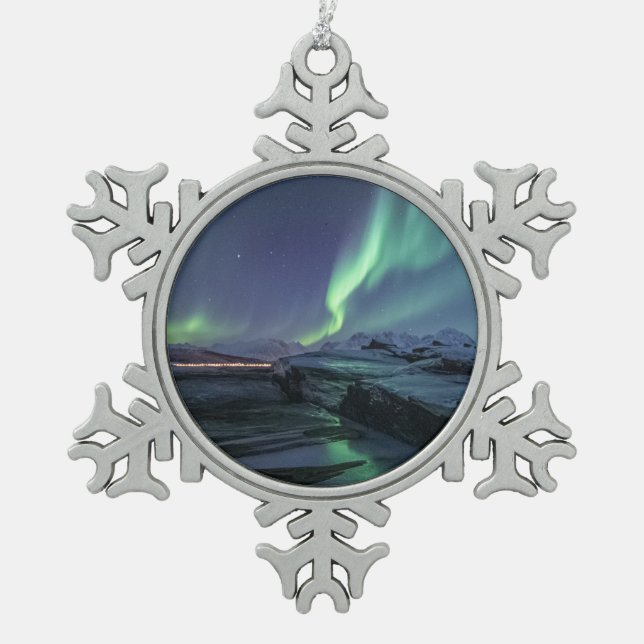Nordlichter Norwegen Schneeflocken Zinn-Ornament (Vorderseite)