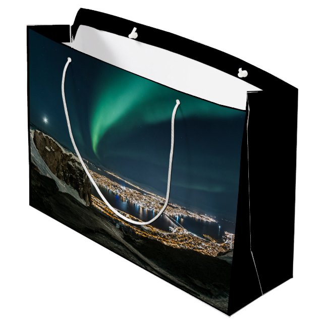 Nordlichter Tromso Große Geschenktüte (Rückseite Schrägansicht)