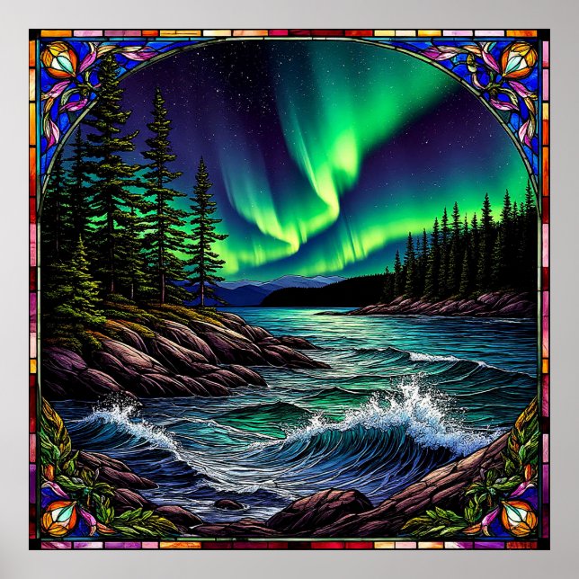 Nordlichter über einer lebendigen Küstenlandschaft Poster (Vorne)