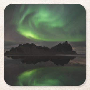 Nordlichter Vestrahorn Strand Hofn, Island Rechteckiger Pappuntersetzer