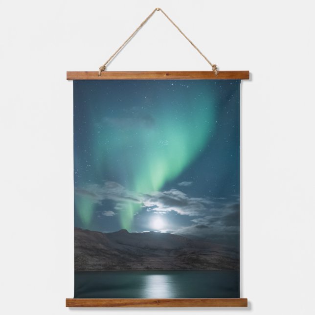 Nordlichter Vollmond Wandteppich Mit Holzrahmen (Vorderseite)