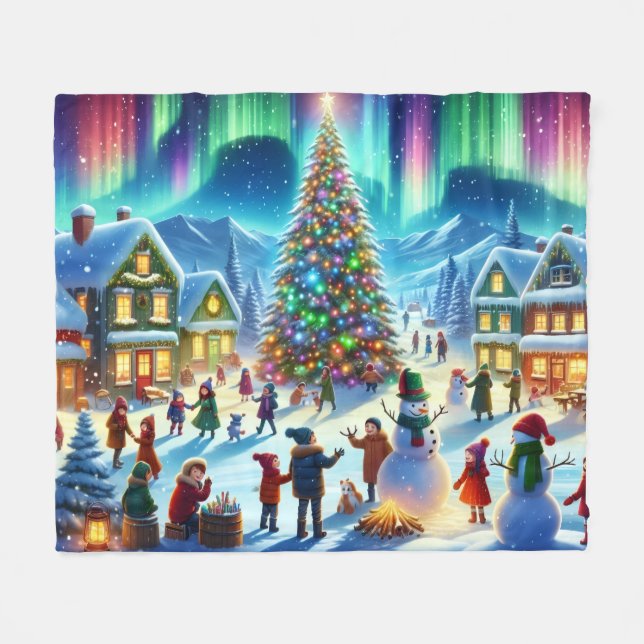 Nordlichter Winter Weihnachtsfeier Fleecedecke (Vorderseite (Horizontal))
