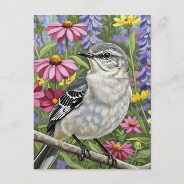 Nordmockingvogel mit Blume Postkarte (Vorderseite)