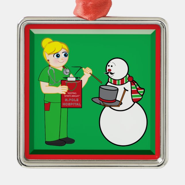 Nordpolkrankenschwester und -Schneemann mit dem Silbernes Ornament (Vorne)