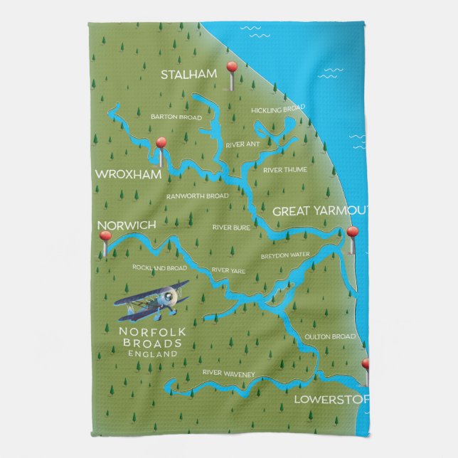 Norfolk Broads England Map. Geschirrtuch (Vertikal)