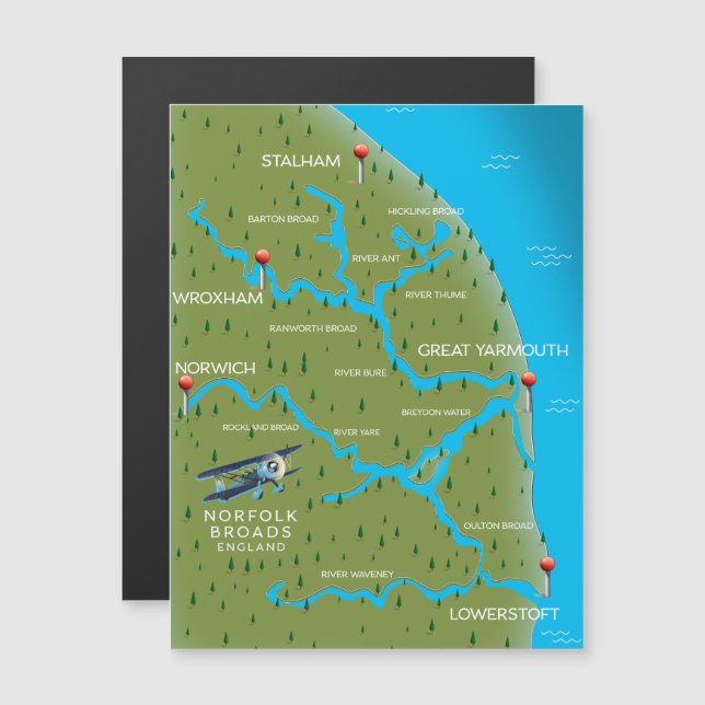 Norfolk Broads England Map. Magnetkarte (Vorne/Hinten)