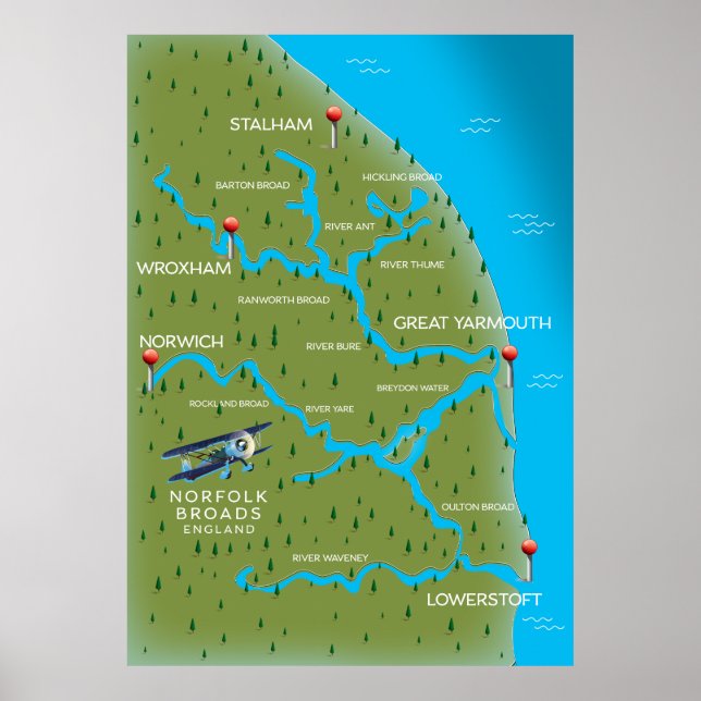 Norfolk Broads England Map. Poster (Vorne)