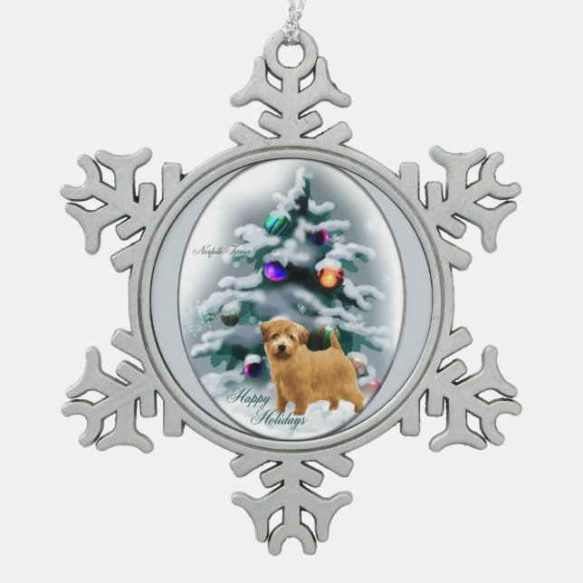 Norfolk Terrier Christmas Schneeflocken Zinn-Ornament (Vorderseite)