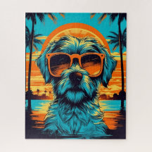 Norfolk Terrier mit Sonnenbrille am Strand