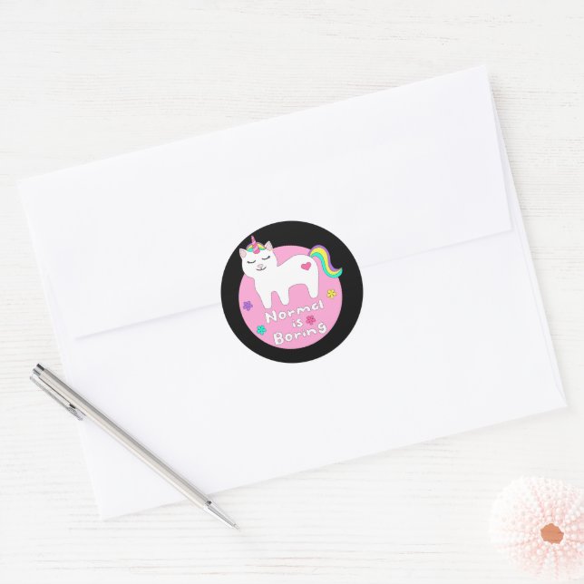 Normal langweilig Kawaii Einhornkatze weiß & rosa Runder Aufkleber (Umschlag)