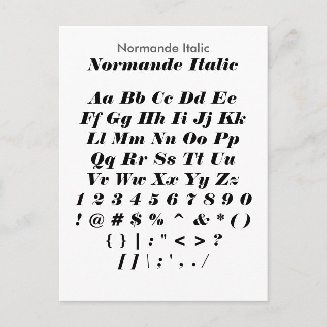 Normande Italic - Zazzle-Schriftart-Musterblatt Postkarte (Vorderseite)
