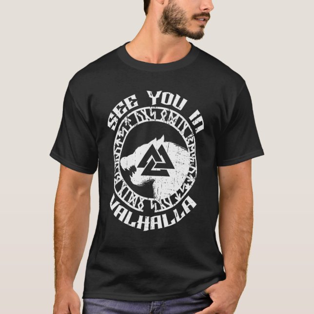 Norse Mythology Wolf sieht Sie im Valhalla Rune Ci T-Shirt (Vorderseite)