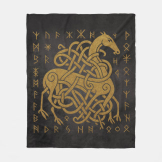 Norse Rune Circle - Golden Viking Horn D Fleecedecke