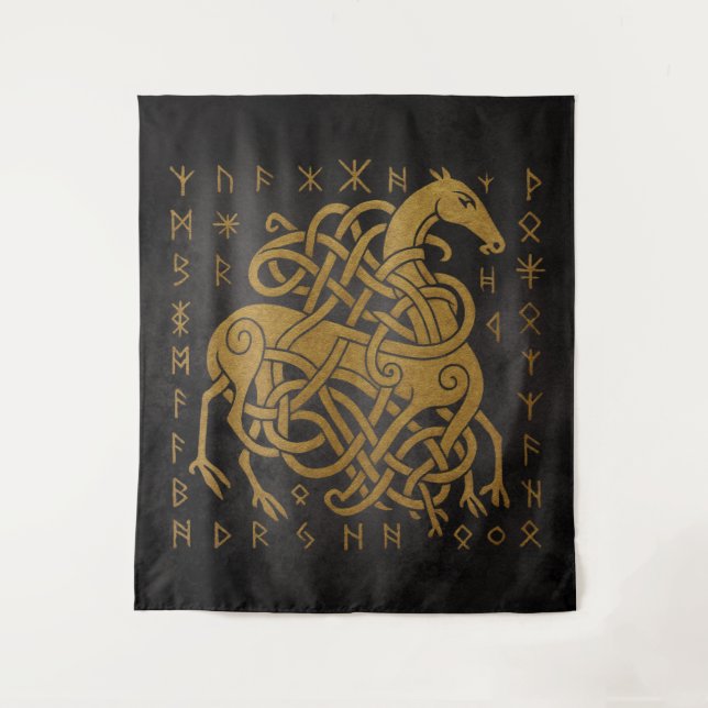 Norse Rune Circle - Golden Viking Horn D Wandteppich (Vorderseite)