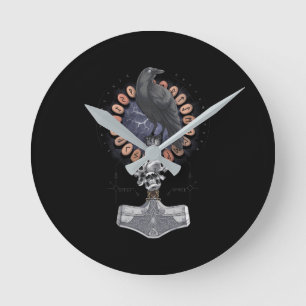 Norse Viking Raven Hammer Runde Wanduhr