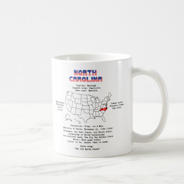 North Carolina American Staat auf einer Karte mit  Kaffeetasse (Rechts)