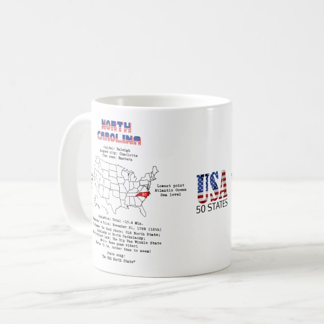 North Carolina American Staat auf einer Karte mit  Kaffeetasse (Vorderseite Links)