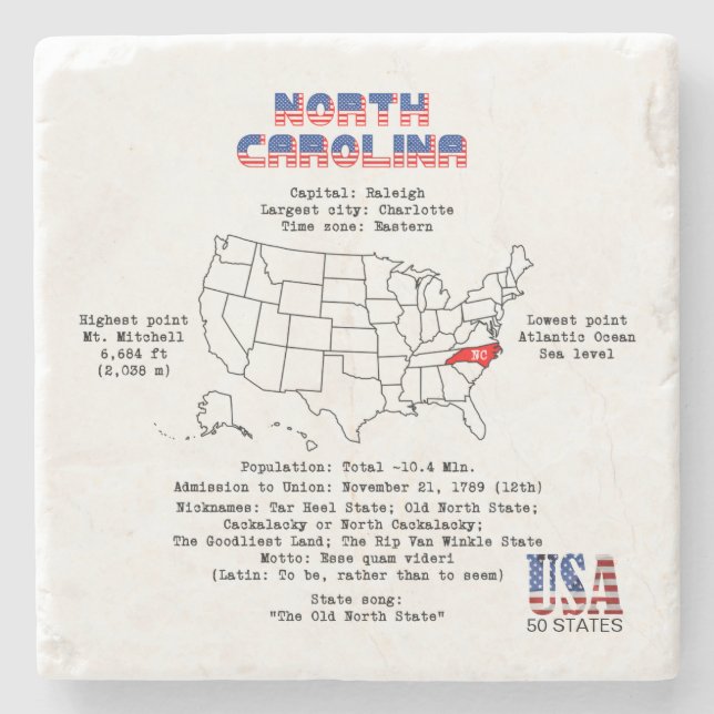 North Carolina American Staat auf einer Karte mit  Steinuntersetzer (Vorderseite)