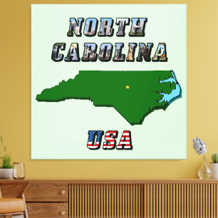 North Carolina Map Kontur, Foto und US Flag Text Leinwanddruck