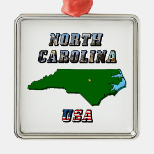 North Carolina Map Kontur, Foto und US Flag Text Ornament Aus Metall