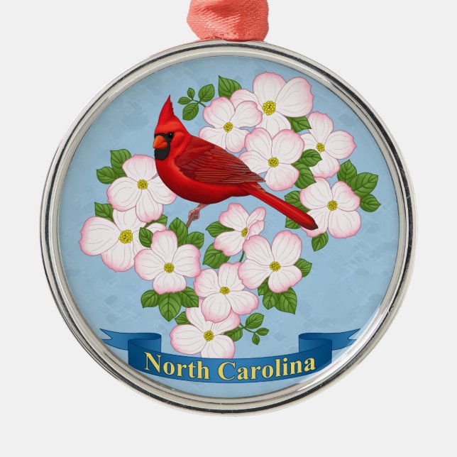 North Carolina Staat Kardinal Bird Dogwood Blume Silbernes Ornament (Vorne)