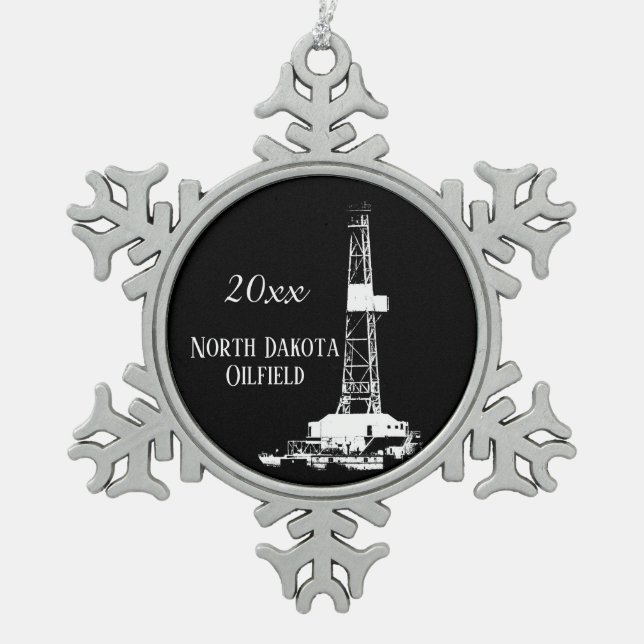 North Dakota Oilfield Dated Schneeflocken Zinn-Ornament (Vorderseite)