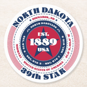 North Dakota Red White Blue Typografie Runder Pappuntersetzer