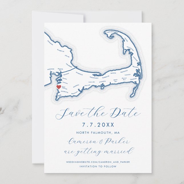 North Falmouth MA Cape Cod Map Navy Blue Wedding Save The Date (Vorderseite)