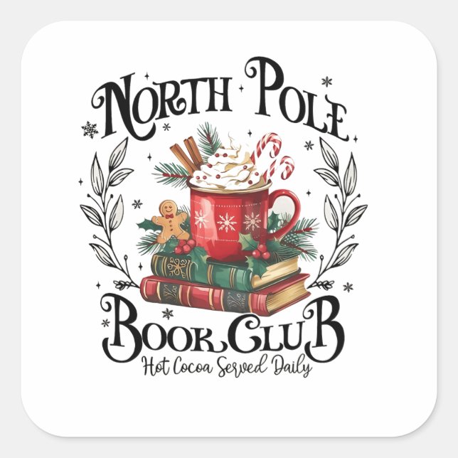 North Pole Book Club Hot Cocoa Weihnachten Quadratischer Aufkleber (Vorderseite)