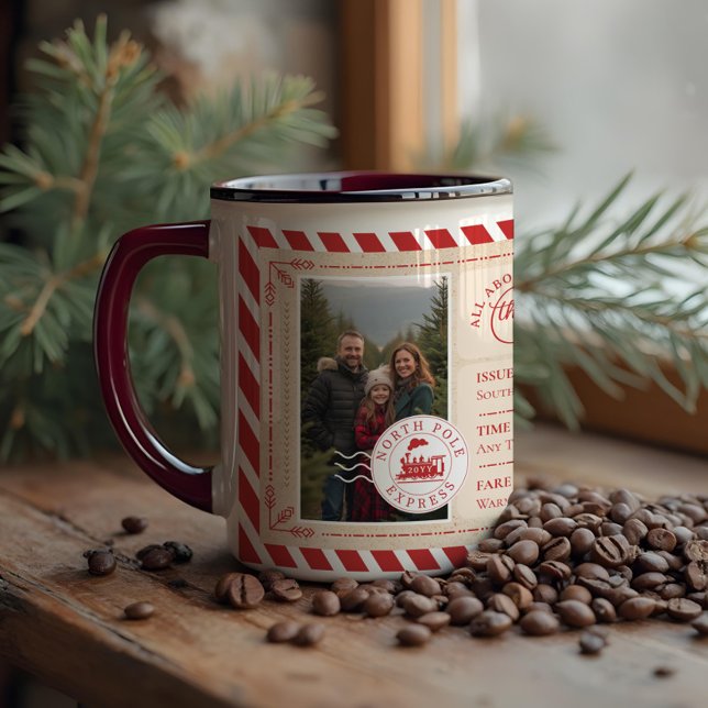 North Pole Express Bahn Ticket Weihnachtsfest Foto Tasse (North Pole Express Train Ticket Christmas Photo Mug)