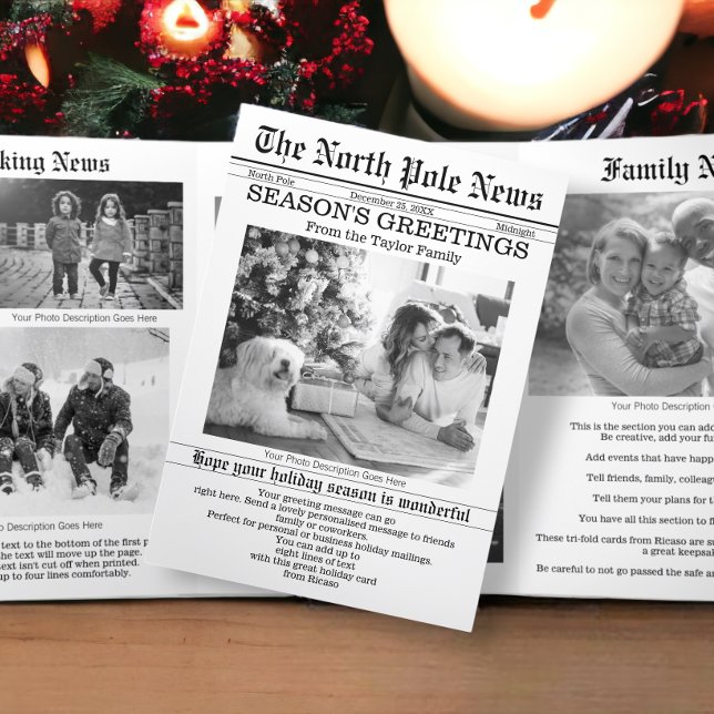 North Pole News Christmas Newspapier Personalisier Dreifach Gefaltete Urlaubskarte (North Pole News Christmas Newspaper Personalized Tri-Fold Holiday Cards from Ricaso. Novelty cards)
