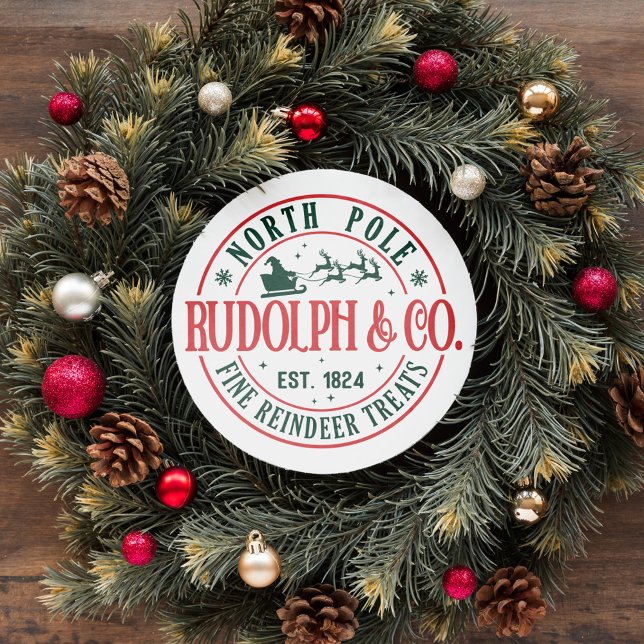 NORTH POLE RUDOLPH SANTA SLEIGH CHRISTMAS RUNDER AUFKLEBER (GREEN RED VINTAGE SANTA SLEIGH CHRISTMAS  ROUND STICKER RUDOLPH FINE REINDEER TREATS)