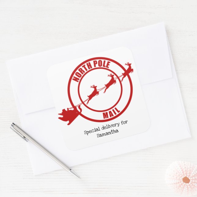 North Pole Santa Mail Rentiere Weihnachtsaufkleber Quadratischer Aufkleber (Umschlag)