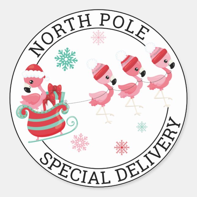 North Pole Weihnachts Flamingo Special Delivery Runder Aufkleber (Vorderseite)