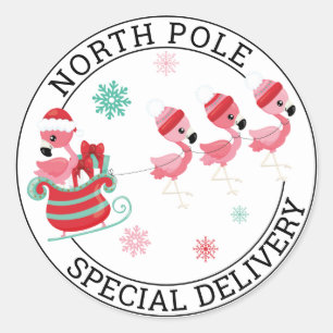 North Pole Weihnachts Flamingo Special Delivery Runder Aufkleber