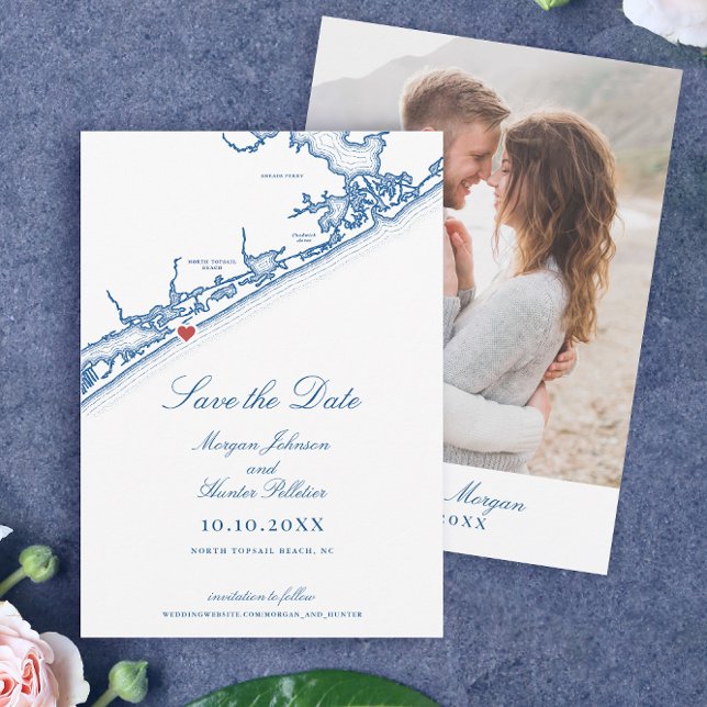 North Topsail Beach Map Elegant Navy Blue Wedding Save The Date (North Topsail Beach NC Save the Date for an Elegant Navy Blue NC Wedding by Coastal Map Designs)