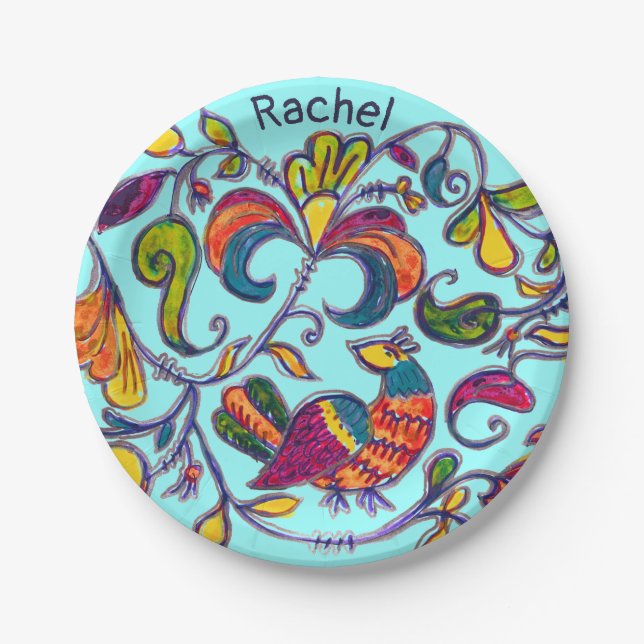 Northern Bird Folk Art und Ihr Name Pappteller (Vorderseite)