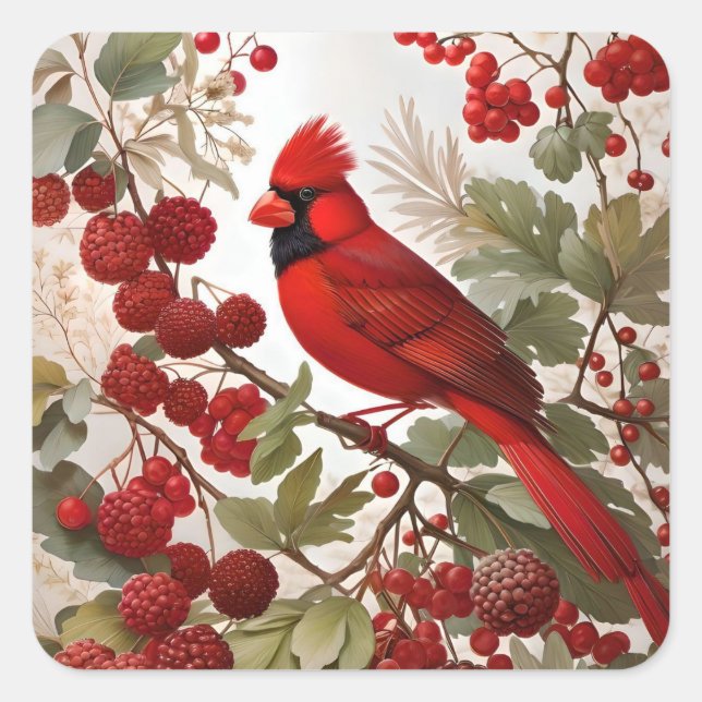 Northern Kardinal Bird Red Berries Quadratischer Aufkleber (Vorderseite)