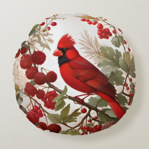 Northern Kardinal Bird Red Berries Rundes Kissen