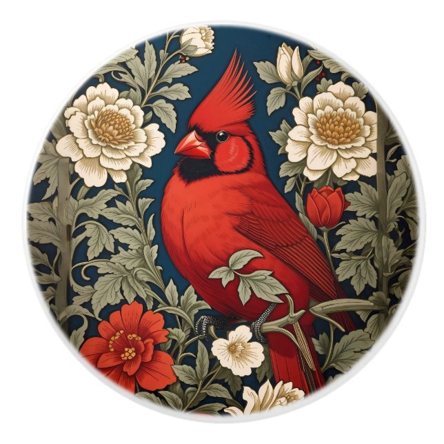 Northern Kardinal Floral William Morris Inspiriert Keramikknauf (Vorderseite)
