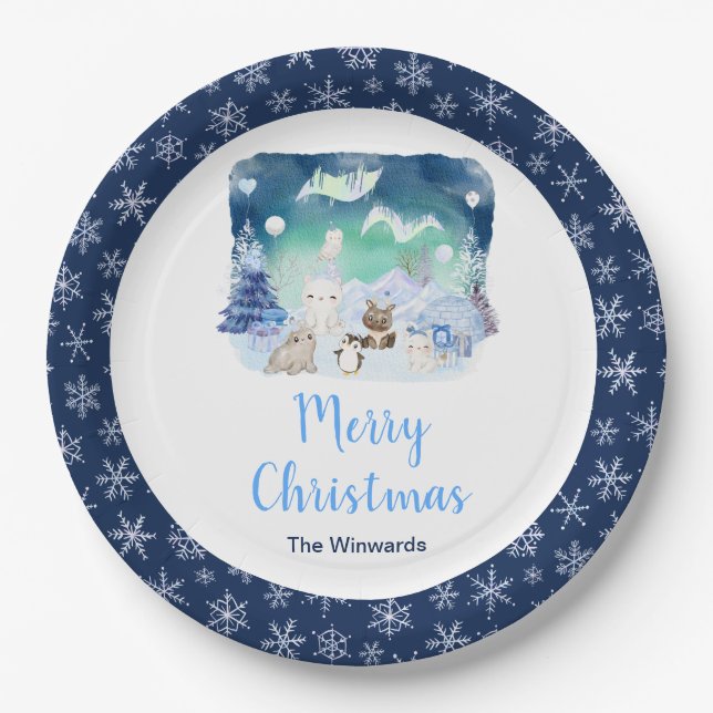 Northern Lights Arctic Animals Merry Christmas Pappteller (Vorderseite)