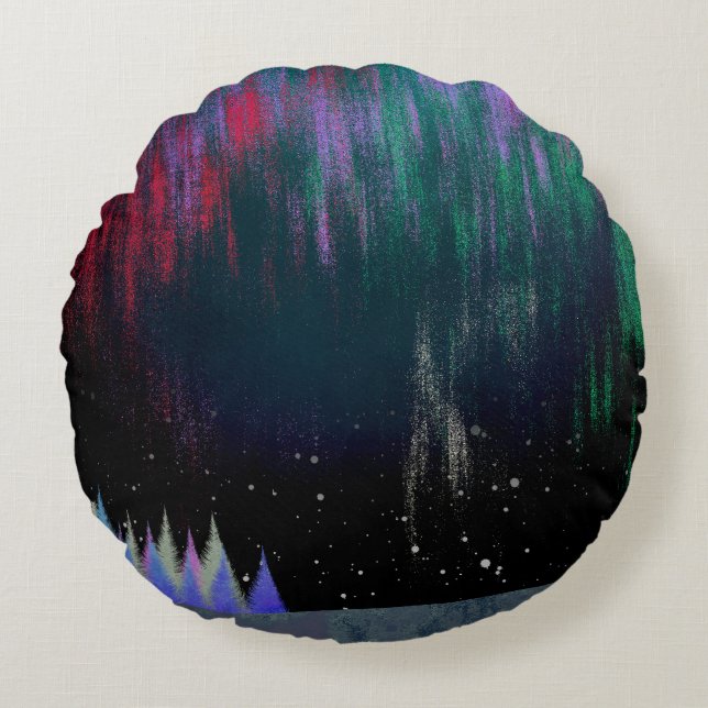 Northern Lights Contemporary Landscape Throw Pillo Rundes Kissen (Vorderseite)